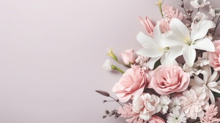 Fototapeta na wymiar Classic elegant floral background featuring a mix of soft pink beautiful flowers. Wedding card. Celebration, invitation, voucher, congratulation. Generative AI. 