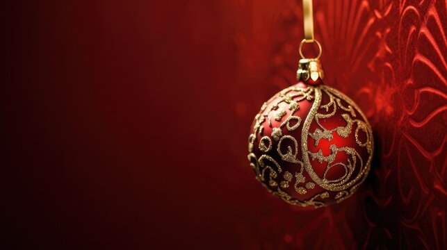 Christmas ball. Beautiful red and gold Christmas ornament against a red textured background. Christmas, New Year,  background. Generative AI. 