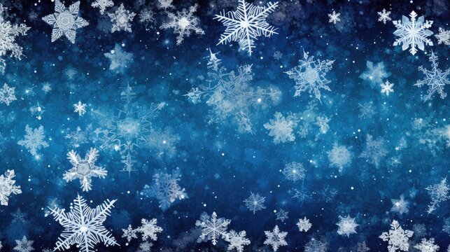 Dark blue background with shimmering silver snowflakes. Charming Christmas and New Year winter  texture. Generative AI. 
