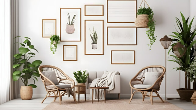 farmhouse interior living room, gallery wall frame mockup in white room with wooden furniture and lots of green plants, 3d render