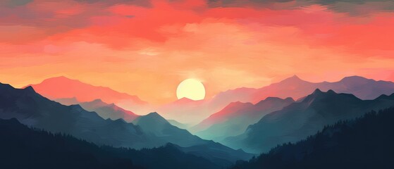 Naklejka na ściany i meble Oil painting of a majestic mountain range with the color of the sunset. Stunning abstract background, oil brush strokes, landscape, mountain, wallpaper. Generative AI. 