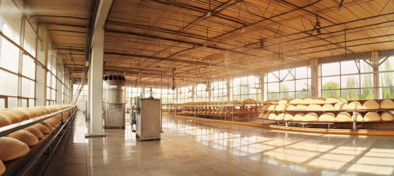 Big sun lit empty hall with bread ready to be baked - inside large scale industrial bakery as imagined by Generative AI