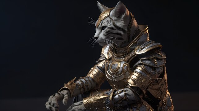image generated by artificial intelligence, kneeling human cat knight, portrait, finely detailed armor, intricate design, silver, silk, cinematic lighting, 4k