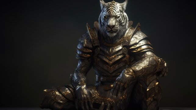 image generated by artificial intelligence, kneeling human tiger knight, portrait, finely detailed armor, intricate design, silver, silk, cinematic lighting, 4k