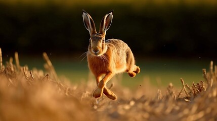 A brown hare hopping across a field. AI generated