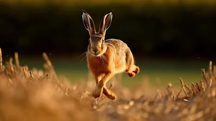 Foto op Aluminium A brown hare hopping across a field. AI generated © ArtStage
