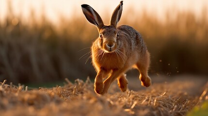 A brown hare hopping across a field. AI generated