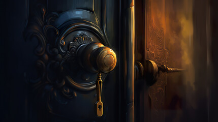 Digital illustration paint of a closeup of a door handle. Door handle painting in digital painting style. 3D realistic illustration. Generative AI