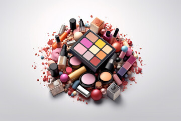 a lot of mixed makeup and cosmetics mixed in nice on isolated white background