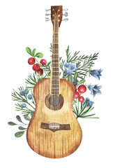 Guitar watercolor illustration hand drawn. Wooden music string instrument Composition with forest berries and flowers. Isolated on white background. For stickers, cards, invitations. Woodland camping