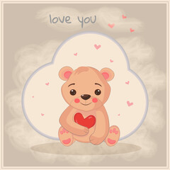 Love you card with bear and heart with broun background