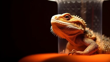 Fototapeta premium A busy bearded dragon basking under a heat lamp. AI generated