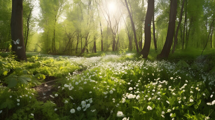 Forest glade with lots of white spring flowers and butterflies on a sunny day