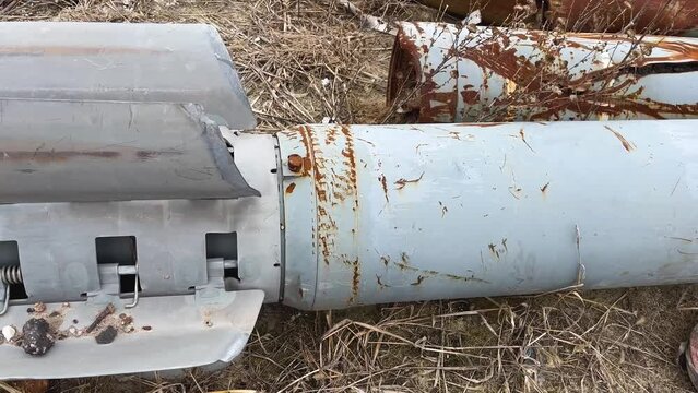 The tail section of the missile is from the Uragan multiple launch rocket system, which shelled the Ukrainian city. Panorama. Russian-Ukrainian War 2022-2023