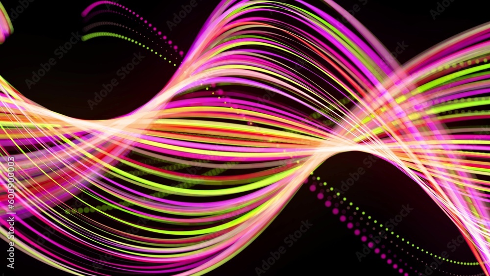 Aufkleber 3d render. light flow bg. abstract background with light trails, stream of green red yellow neon lin