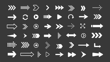 Vector arrow icons set. Collection of white arrows icons. Different cursor icons in flat style isolated on black background
