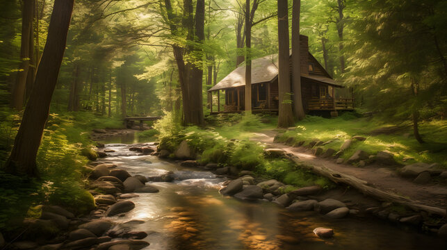 Tranquility in Nature: A Serene Cabin Retreat in the Woods, generative AI