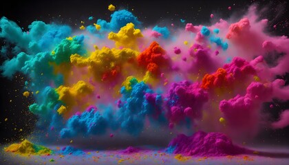 Obraz na płótnie Canvas Rainbow holi powder. Abstract multi color paint explosion on black background. Colorful paint splashes on black background. Multicolor paint blast texture. Colorful paint spray on black. Generative AI