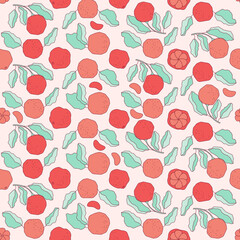 Seamless pattern with grapefruit. Vector flat cartoon illustration. Grapefruit slices with green leaves. Bright dynamic pattern. Contour illustration