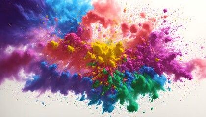 Fototapeta na wymiar Multicolored explosion of rainbow holi powder paint isolated on white background. Generative AI