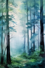 A watercolor painting of a misty forest, tranquil, deep, fairy tale vibe, simple watercolor style with few details, semi abstract. AI generative
