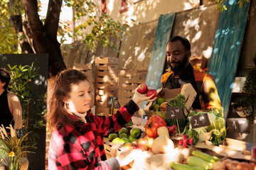 Fototapeta premium Woman doing grocery shopping at local farmers market, female customer choosing onions and buying fresh homegrown fruits or veggies. African american farmer selling natural organic produce.