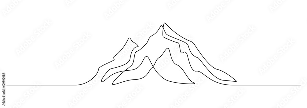 Fototapete Mountain range landscape in one continuous line drawing. Web banner with mounts in simple linear style. Adventure winter sports concept in editable stroke. Doodle outline vector illustration