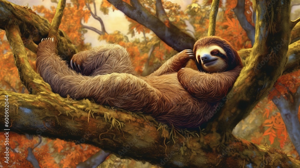 Poster a contented sloth relaxing in a tree. ai generated