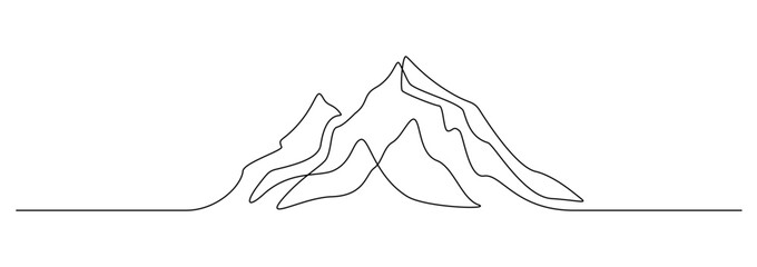 Mountain range landscape in one continuous line drawing. Web banner with mounts in simple linear style. Adventure winter sports concept in editable stroke. Doodle outline vector illustration - obrazy, fototapety, plakaty