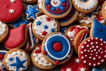 Fototapeta na wymiar Cookies decorated in red white and blue for 4th July celebration. AI generative