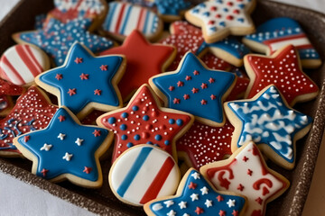 Cookies decorated in red white and blue for 4th July celebration. AI generative