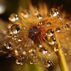 Water drops on dandelion seed macro in nature in yellow