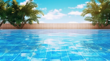 Fototapeta na wymiar Empty poolside surface with summer travel hotel swimming pool background. AI generative