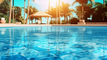 Fototapeta na wymiar Empty poolside surface with summer travel hotel swimming pool background. AI generative