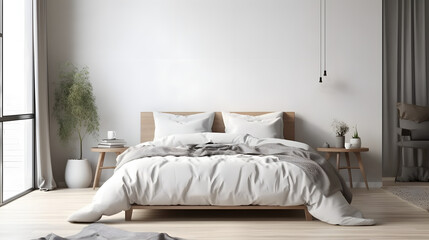 home interior, scandinavian style bedroom mock up, 3d rendering