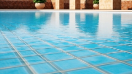 Empty poolside surface with summer travel hotel swimming pool background. AI generative