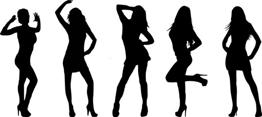 Silhouetten von 5 jungen sexy Frauen mit High Heels beim Posing - obrazy, fototapety, plakaty