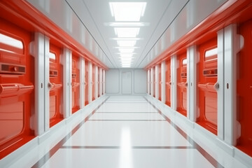 Futuristic background science fiction interior white wall and red light architecture corridor. AI generative