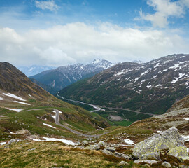 Great St. Bernard Pass summer landscape. It located in Switzerland in the canton of Valais, very close to Italy.