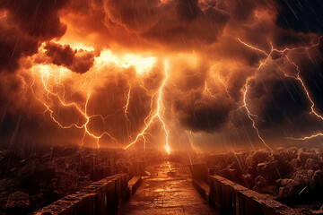 bright lightnings in apocalyptic sky. AI generative