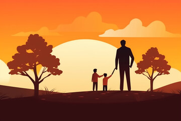 Illustration of father with his little child, tree in the background. Concept of fathers day, fathers love, relationships between father and child. AI generative
