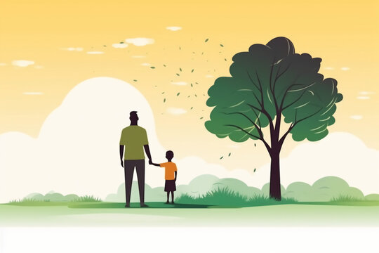 Illustration of father with his little child, tree in the background. Concept of fathers day, fathers love, relationships between father and child. AI generative