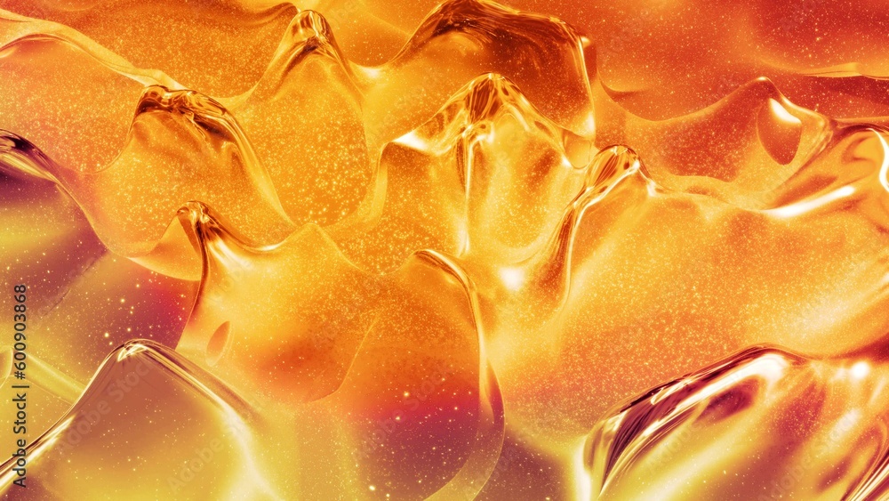 Poster abstract background with wavy sparkling golden liquid pattern on shiny glossy surface. viscous yello