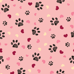 Valentine's Day design paw and hearts. Seamless fabric design pet lover pattern
