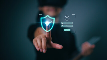 Businesswomen protect personal information cybersecurity concept. User authentication system with...