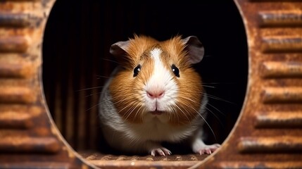 A curious guinea pig peering out of its cage. AI generated