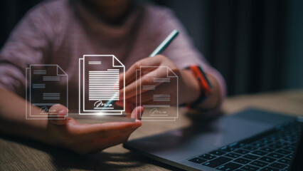 Signing business contract concept. Online business contract Electronic signature, e-signing, digital document management, paperless office.