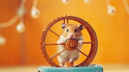 A curious hamster running on its wheel. AI generated