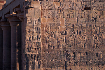 Scratched wall details of Philae Temple in Aswan, Egypt