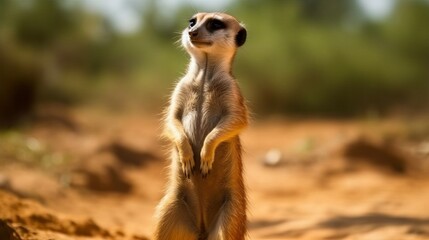 Naklejka na ściany i meble A curious meerkat standing on hind legs. AI generated